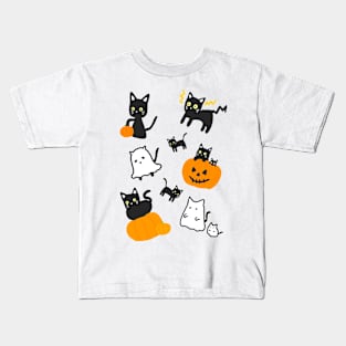 Halloween Black Cat and Pumpkin Ghost Kawaii Cute Anime Manga Logo Art Kids T-Shirt